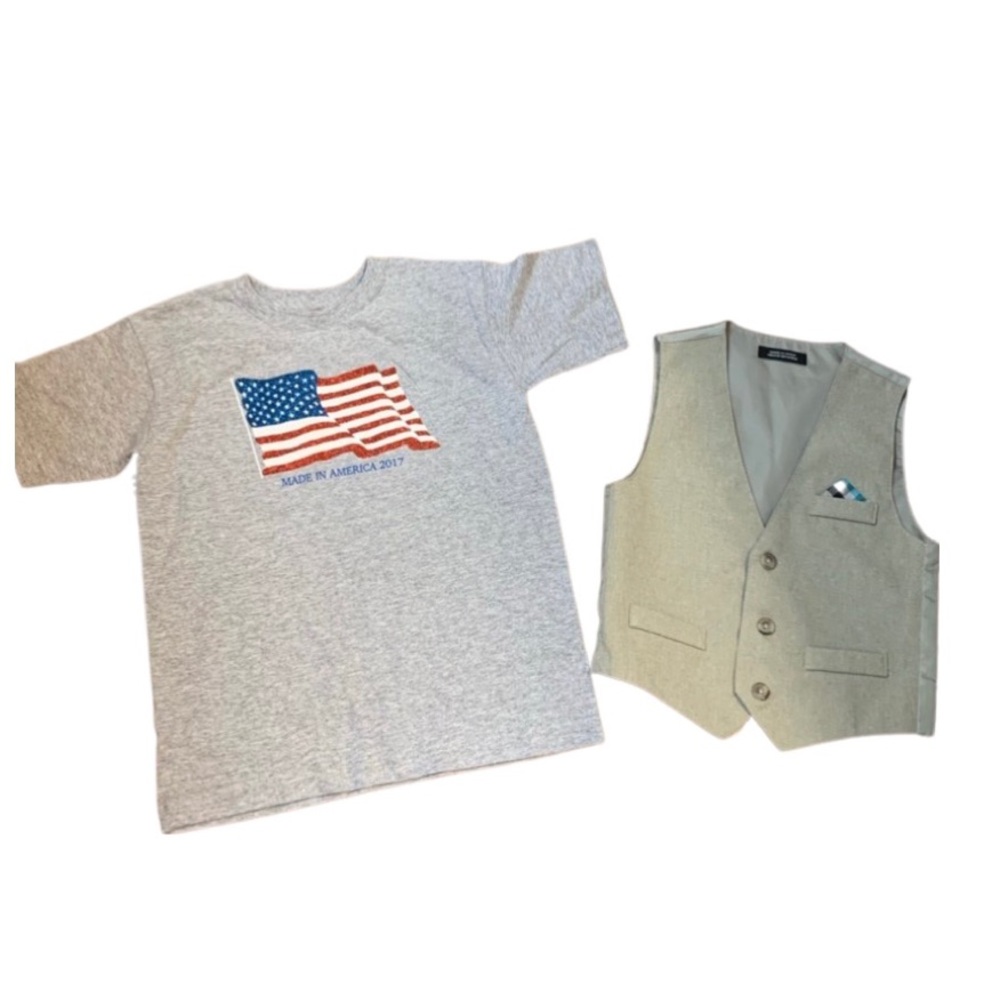 Boys USA T-shirt gray red white blue flag cotton plaid pocket square tan vest